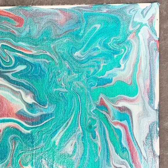 Metallic Wine, Teal, Blue, Silver and White Paint Pour - 8”x8” canvas board - Picture 3 of 8